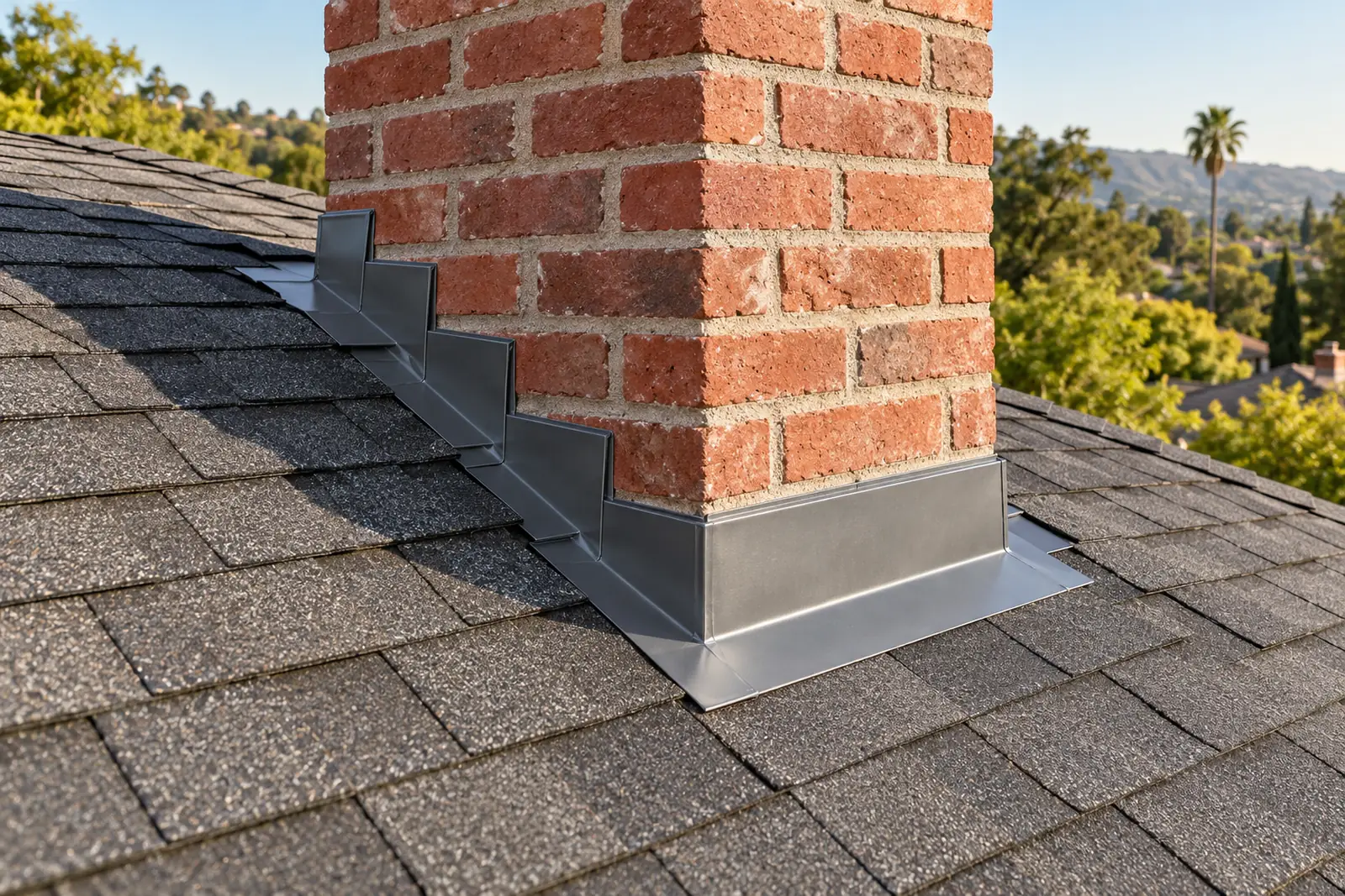 Illustration of metal flashing at a chimney and shingle roof junction