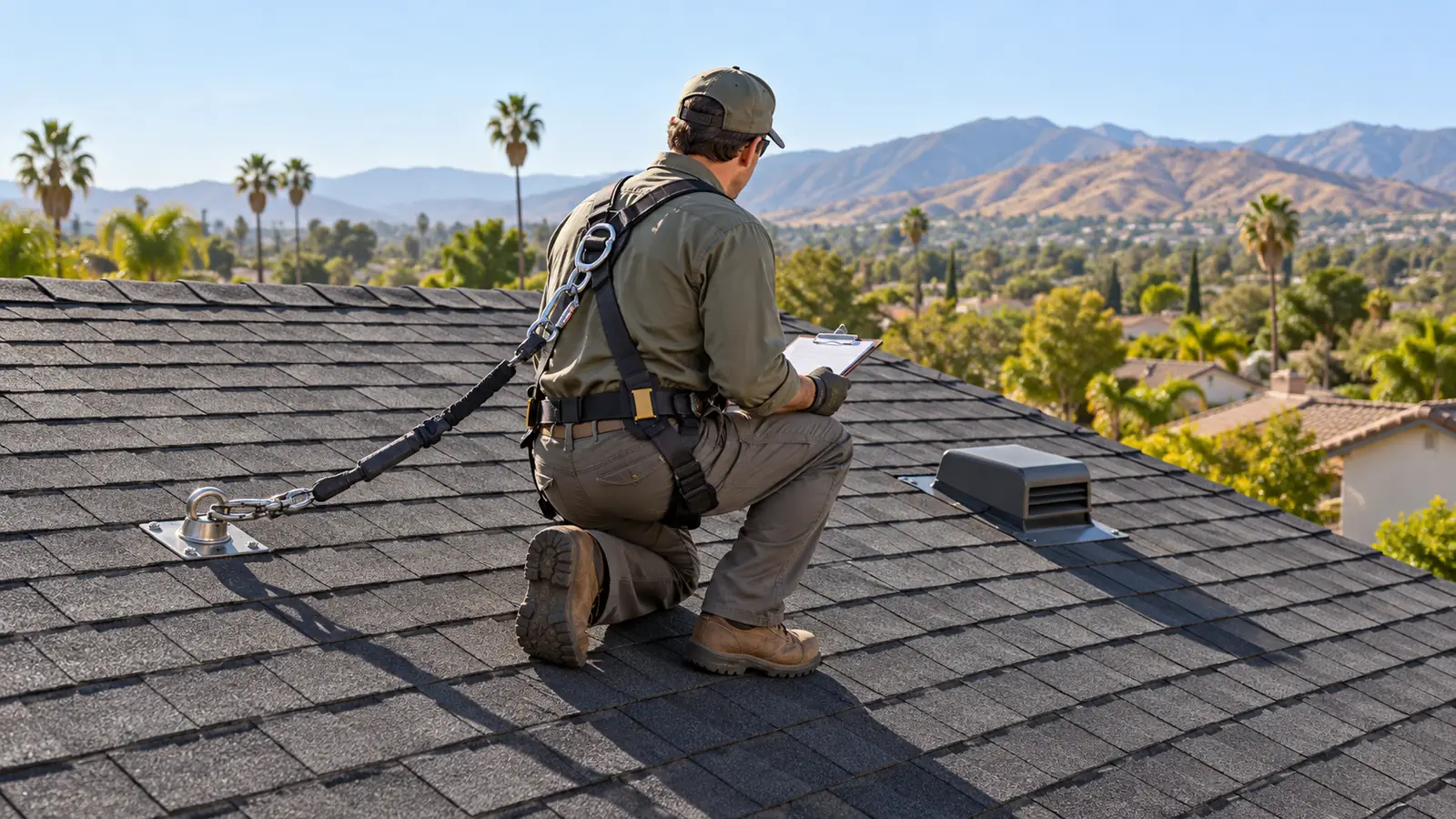 Illustration of a roof inspector checking the condition of a shingle roof