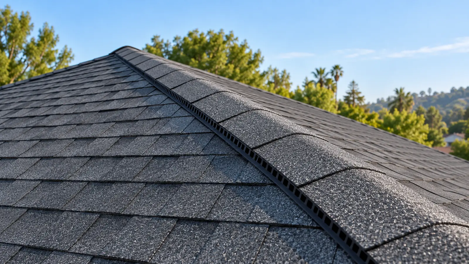 Illustration of ridge caps and ventilation along a charcoal shingle roof