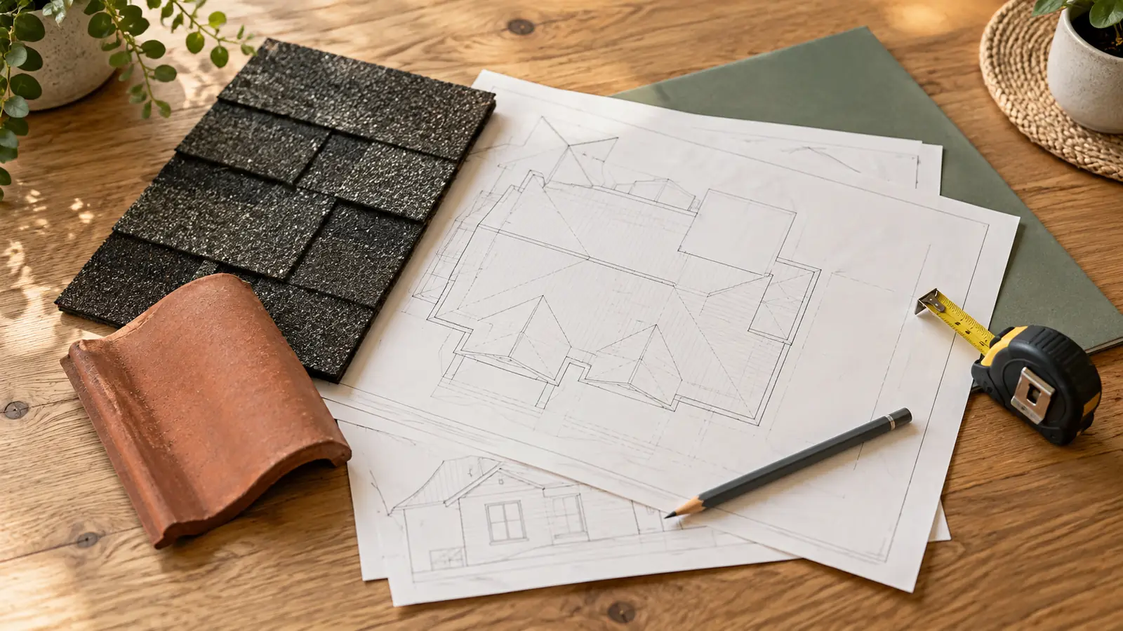 Illustration of roof material samples, plans and measuring tools for estimate planning